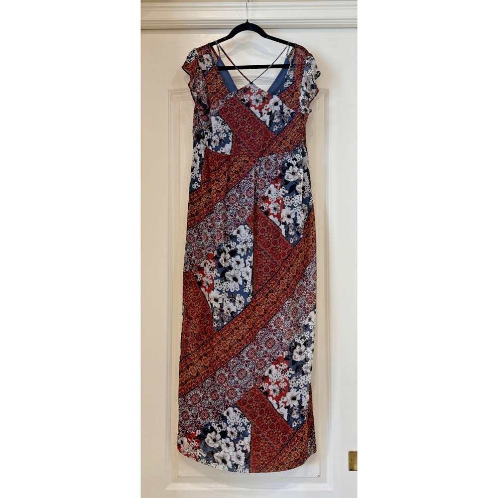 Vintage BCBGeneration Blue Red Floral Maxi Dress Art Y2K Fairy Sz M Boho Hippie